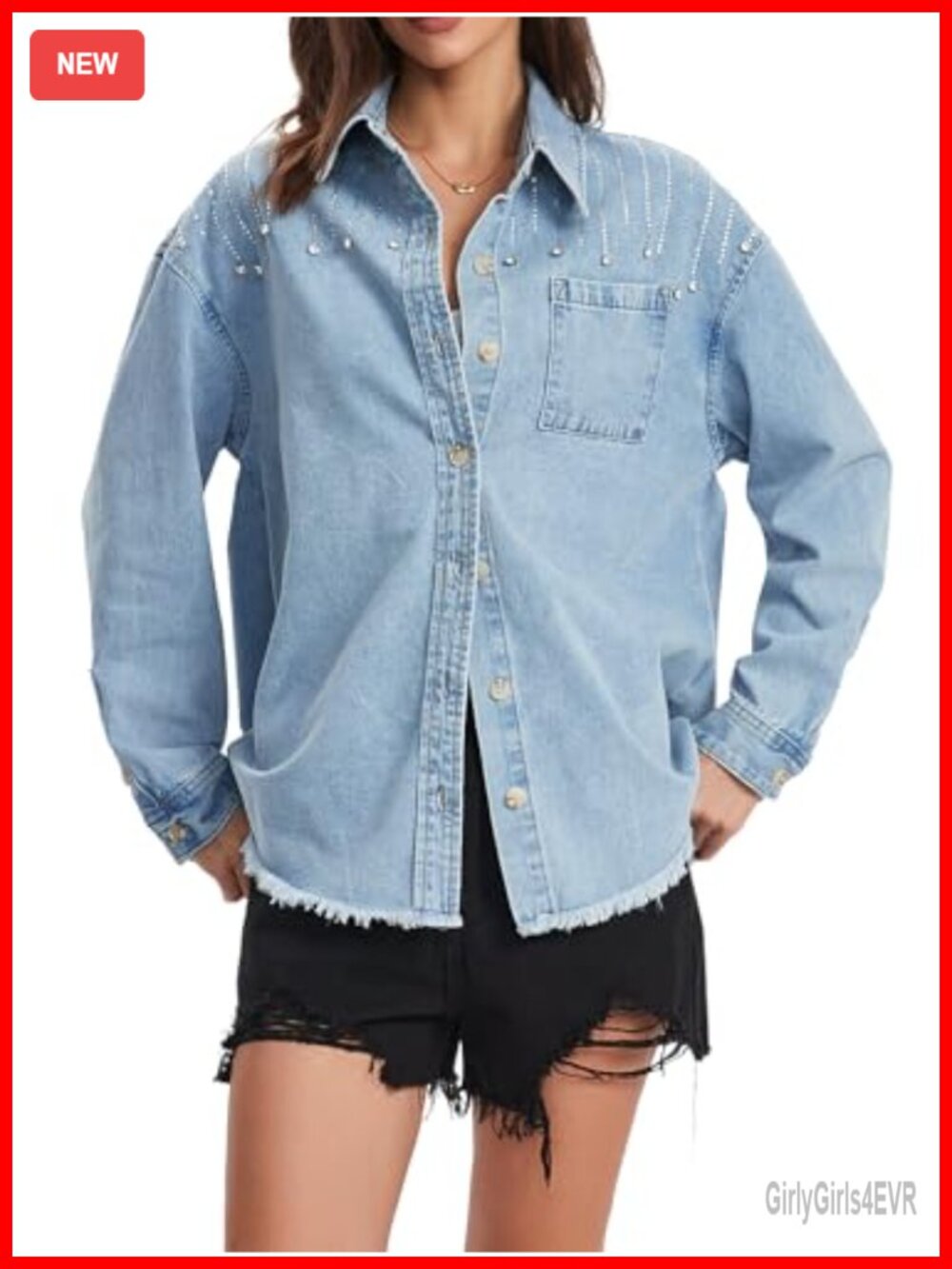 Rhinestone Denim Shirt Oversized Long Sleeve Button Down Top